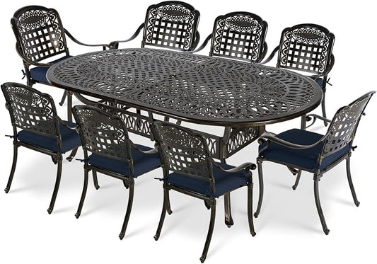VIVIJASON 9-Piece Patio Furniture Dining Set, Rust-Free Cast Aluminum Outdoor Conversation Set, Include 8 Cushioned Chairs and an Oval Table with Umbrella Hole for Lawn Backyard, Navy Blue Cushion