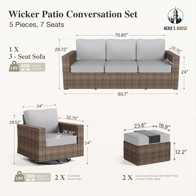 HERA'S HOUSE Swivel Glide Patio Furniture Set with 4.92" Widened Armrest Chairs, Outdoor Conversation Set, 5 Pieces Deep Seating Yellow Rattan Sofa with 5.5" Gray Cushions for Deck Garden Yard