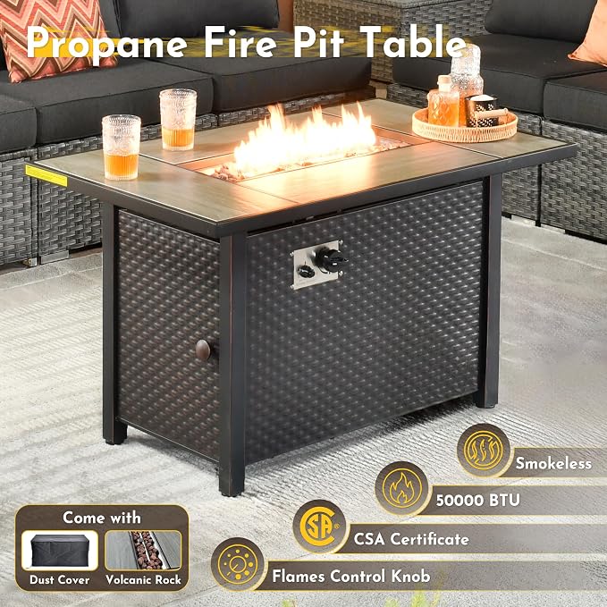 Weaxty 11 Piece Patio Furniture Set with Fire Pit Table, Outdoor Sectional Couch Swivel Rocker Patio Chairs with Coffee Table Wicker Conversation Sets for Balcony Backyard, Black