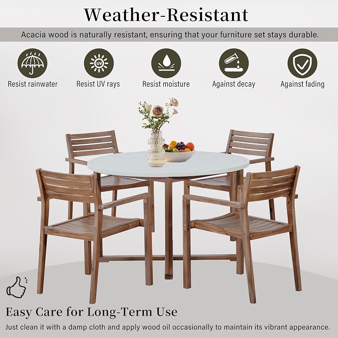 SOFTSEA 5-Piece Patio Dining Set, Acacia Wood Outdoor Table & Chairs, All-Weather Patio Round Dining Set for Garden, Deck, Poolside, Light Gray