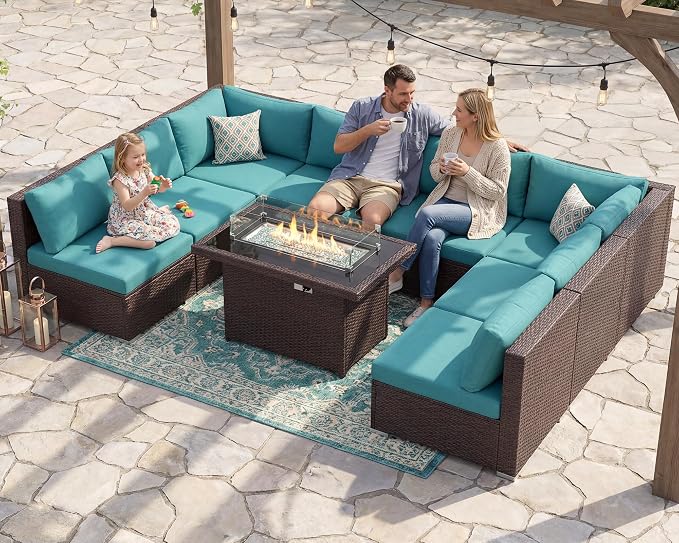 NICESOUL 9 Piece Patio Sectional Set with Firepit Natural Gas/Propane, 29.3'' High Back Tall Big Outdoor Conversation Couch Sets, Wide Sitting Furniture for Outside, Brown Rattan and Teal Cushion