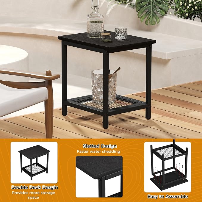 2-Tier Outdoor Side Table with Storage, Weather Resistant Patio End Table, HDPS Small Accent Table for Deck, Garden, Pool, Backyard, Black 2pcs