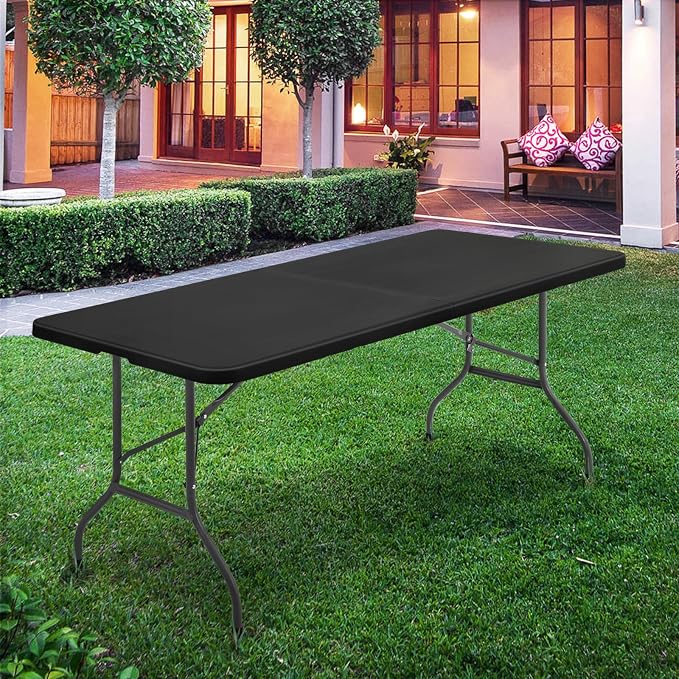 Athena Collection 8ft Folding Table, Lightweight Portable Desk with Handle, Square Foldable Plastic Table for Card Games, Collapsible Dining, Indoor Outdoor Camping Picnic & Party Use, Black