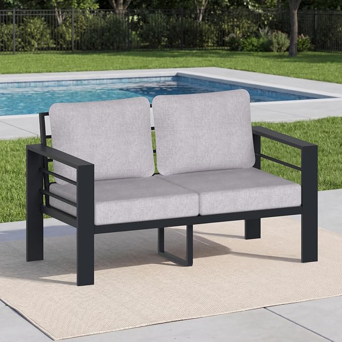 Patio Furniture Aluminum Loveseat, Modern Patio Patio Furniture with 3.54” Wide Seat and Thick Cushions, All-Weather Outdoor 2 Seats Sofa Couch for Deck, Porch