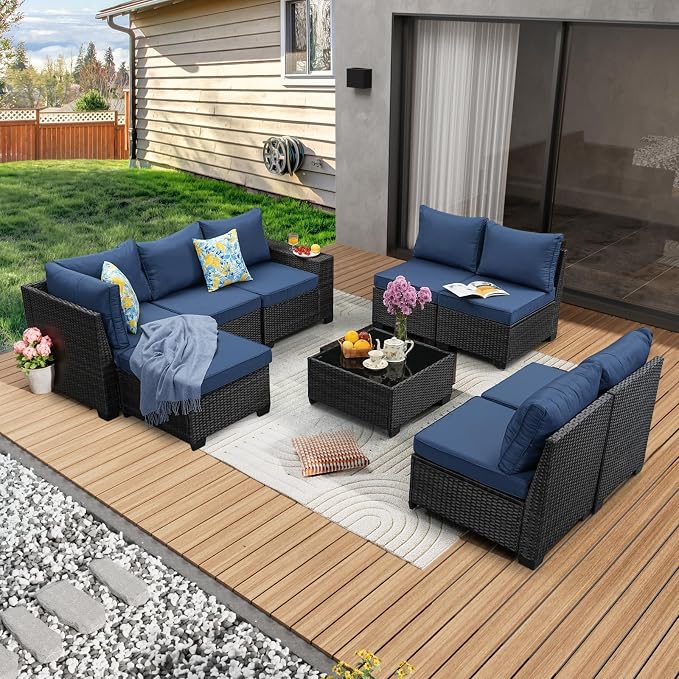 JOYURE 9 Pieces Patio Furniture Set All-Weather Outdoor Wicker Sectional Conversation Sofa Rattan Patio Seating Sofa with Cushion and Glass Table and Ottoman for Porch Poolside,Navy