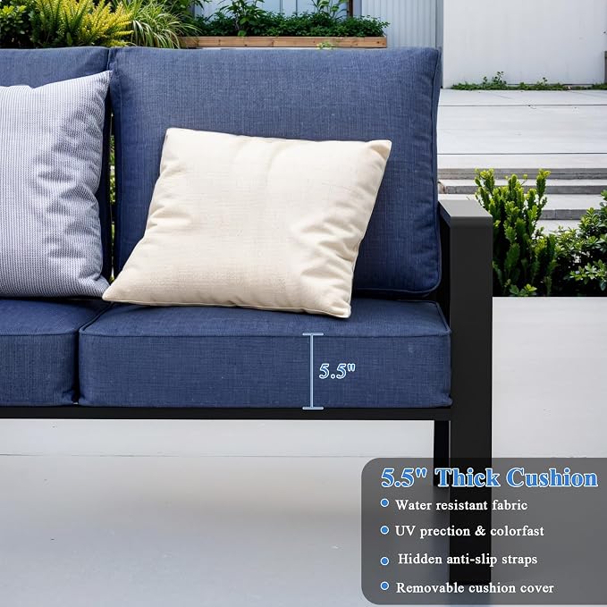 Aluminum Outdoor Patio Furniture Set, 5 Piece Sectional Coversation Sets with Coffee Table, Modern Outdoor Sofa Couch with Thick Cushions for Porch, Balcony, Garden, Blue