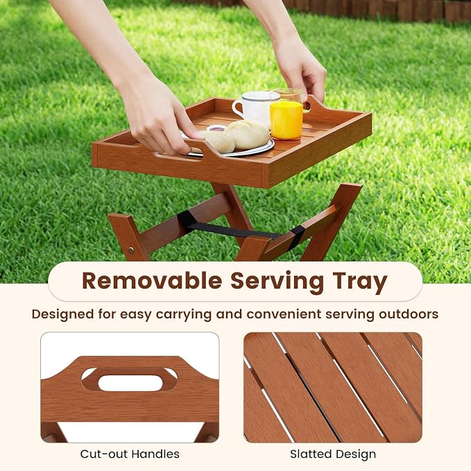 Tangkula Outdoor Wood Tray Table, Patio Portable Side End Table with Removable Serving Tray and Folding Frame, Outside Coffee Bistro Furniture for Porch, Balcony and Garden (1)