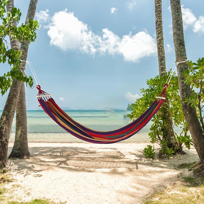 Canvas Single Camping Hammock with Anti-Tip Thickened Fabric, 200X80Cm Portable Outdoor Hanging Bed for Adults, Red Pattern, Includes Curved Rod and Duckbill Buckle for Yard and