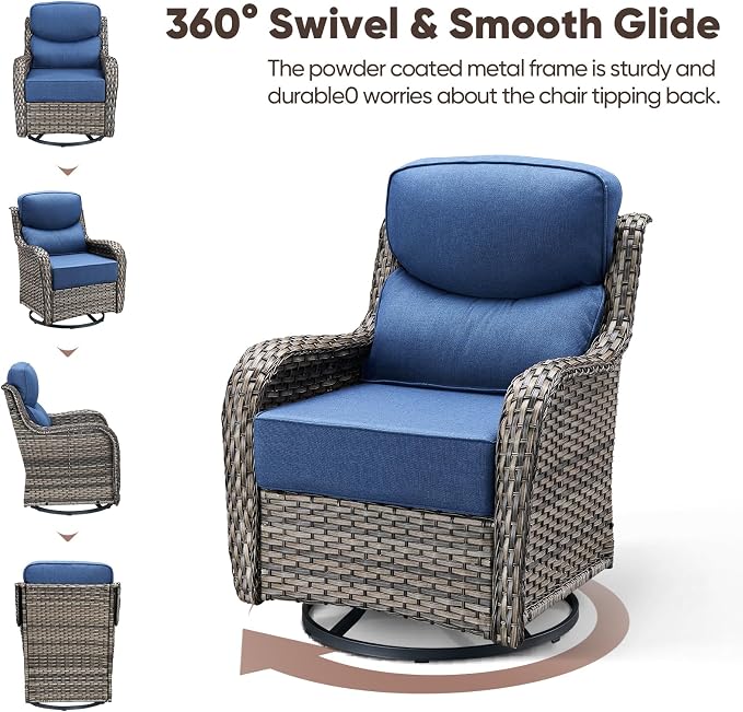 Swivel Patio Chairs Sofa Set of 5 with 6" Thick Cushion - Wicker Outdoor Swivel Rocker Patio Chair with Side Table, High Back Comfortable Outdoor Glider Chairs - Grey Wicker | Blue Cushions