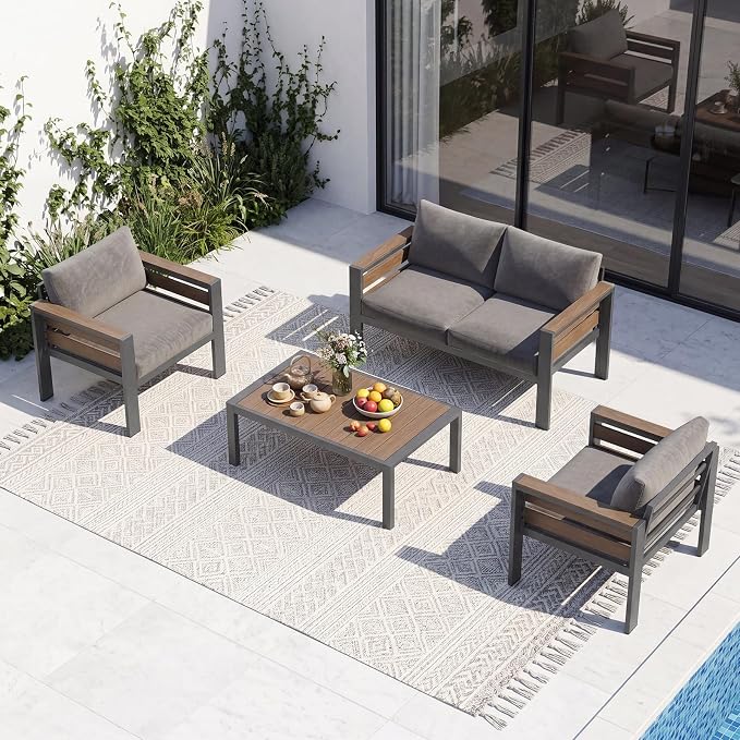 SUNYRISY Aluminum Outdoor Patio Furniture Set with Coffee Table, 4 Piece Metal Outdoor Modern Conversation Sets with Thick Cushions, Sectional Sofa Couch Set for Porch, Deck, Backyard