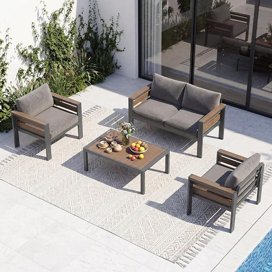 SUNYRISY Aluminum Outdoor Patio Furniture Set with Coffee Table, 4 Piece Metal Outdoor Modern Conversation Sets with Thick Cushions, Sectional Sofa Couch Set for Porch, Deck, Backyard