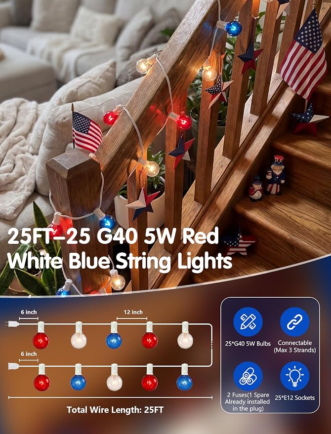 SUNSGNE 4th of July Decorations Outdoor Connectable String Lights with Waterproof Red White and Blue G40 Bulbs, 25 Feet for Garden Patio Patriotic Independence Day Theme Holiday Decor