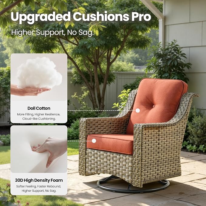 8 Piece Patio Furniture Set with Fire Pit Table, All Weather Wicker High Back Sofa Chairs Ottoman with Thick Cushion, Outdoor Conversation Sets for Large Backyard Deck Garden, Bold Orange