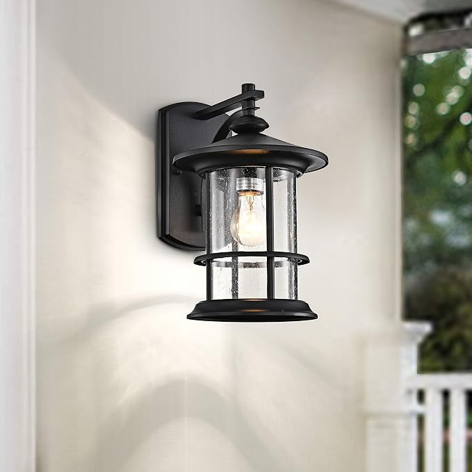 MICSIU 12.5" Modern Farmhouse Textured Black Outdoor Wall Light Fixture | Large Exterior Sconce Light with Clear Seeded Glass, Anti-Rust Porch Light for Front Door, Garage, Patio