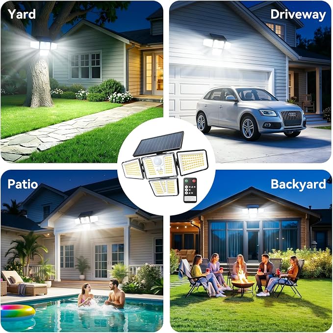 Solar Flood Lights, 3600LM 270° Motion Sensor Outdoor Lights-Remote | 4 Heads 3 Modes Solar Lights Outdoor, Glass Panel, IP65 Waterproof Outdoor Security Lights for Yard Patio Garage- 4Pack Black