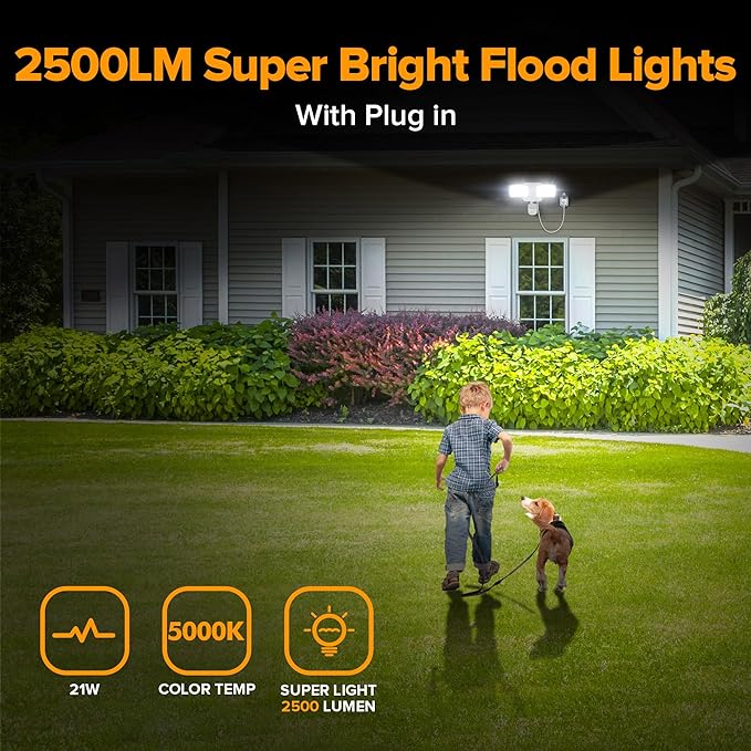 LUTEC 21W White Plug in Motion Sensor Light Outdoor, Flood Lights Outdoor Motion Sensor,2500LM, 5000K Daylight,IP65 Waterproof,Adjustable 2 Heads Wall Light for Garage, Porch, Yard