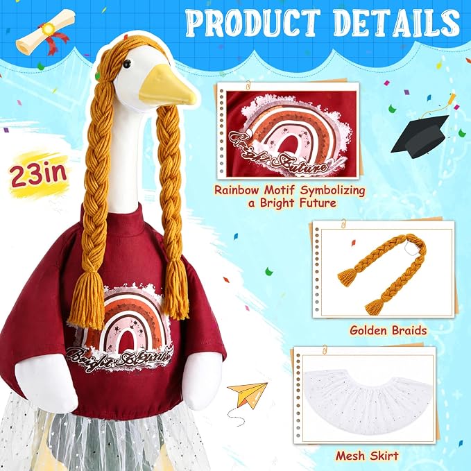 Graduation Porch Goose Outfit 2026, Vintage Senior Portrait Porch Decor, Rainbow Dress with Double Braids for 23" Gooses Statue, Graduation Party Patio Yard Decoration, Grad Gift for Her