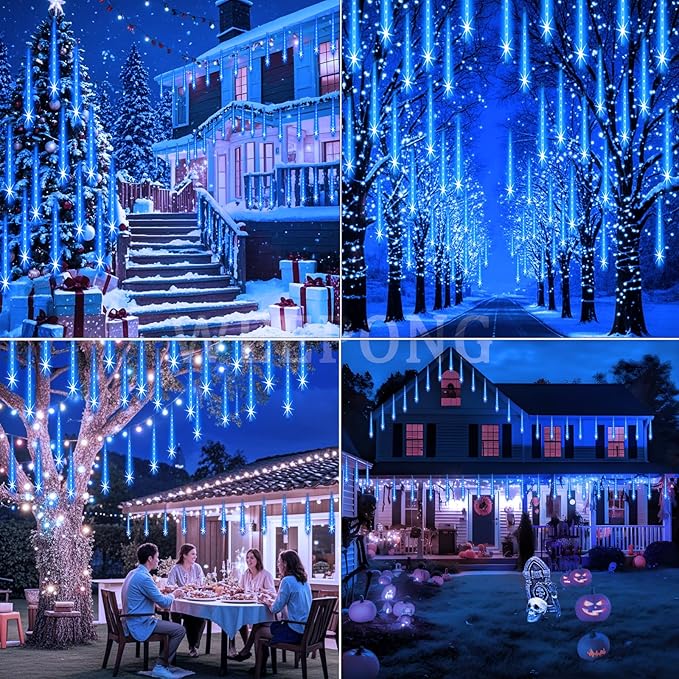 Weepong Meteor Shower Lights Outdoor Christmas Lights UL Certified Falling Rain Drop Snowfall Icicle Cascading String Light for Xmas Holiday Tree Wedding Party Garden Decor Blue, 12 Inch 8 Tubes