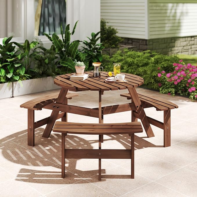 Tangkula 6-Person Wood Picnic Table, Outdoor Round Table and Bench Set with 3 Built-in Benches, Umbrella Hole, Perfect for Outside, Patio, Garden, Backyard, Porch (6-Person,Brown)