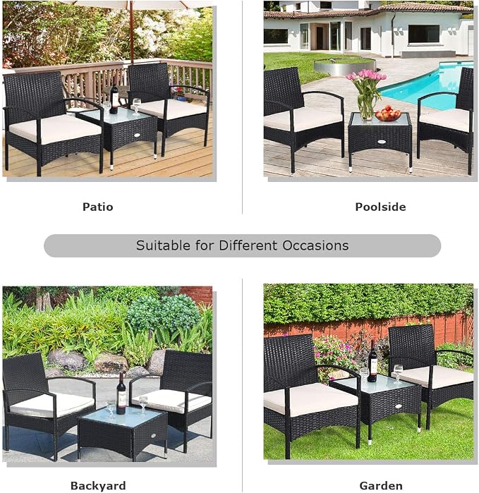 COSTWAY 3 PCS Patio Wicker Conversation Set, PE Rattan Sofa with Tempered Glass Coffee Table, 2 Chairs, 2 Cushions, Outdoor Patio Furniture Set for Yard Porch Bistro Balcony Backyard Pool, White