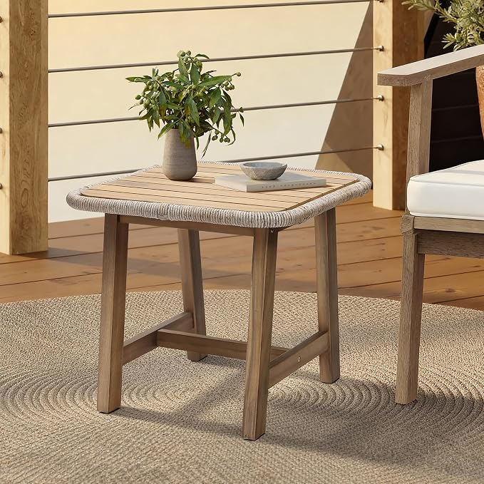 LuxenHome 17.5" Outdoor Side Table, Acacia Wood Patio End Table with Woven Wicker Trim, Small Outdoor Accent Tables for Patio, Balcony, Garden
