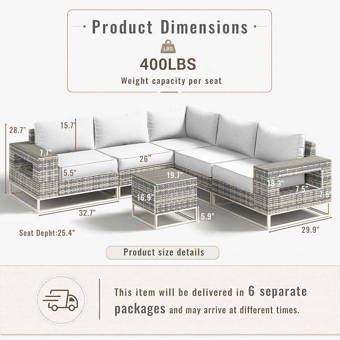 12-Piece Outdoor Patio Furniture Set, Gray PE Wicker Outdoor Sectional Sofa with Storage Armrests & 5.5" Thick Cushions, L-Shaped Couch for Deck, Porch, Backyard, Ivory White