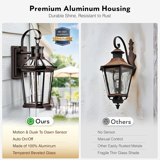 VIANIS Motion Sensor Outdoor Lights, 2 Packs Oil Rubbed Bronze Dusk to Dawn Outdoor Wall Lights Exterior, 100% Anti-Rust Aluminum Front Porch Wall Lantern, Modern Outdoor Wall Sconce for House, E26