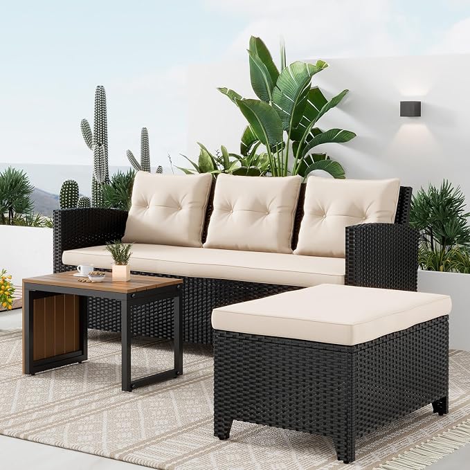 Suntone Outdoor Wicker Patio Furniture Sets, Patio Conversation Set - 3 Piece Patio Sectional Sofa Set, Coffee Table, Black/Beige