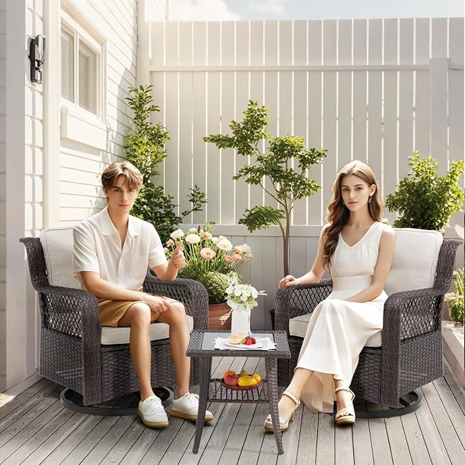 3 Pieces Patio Swivel Chairs, Wicker Patio Conversation Sets with Rocking Chair, Side Table for Outdoor Garden Porch Backyard(Beige)