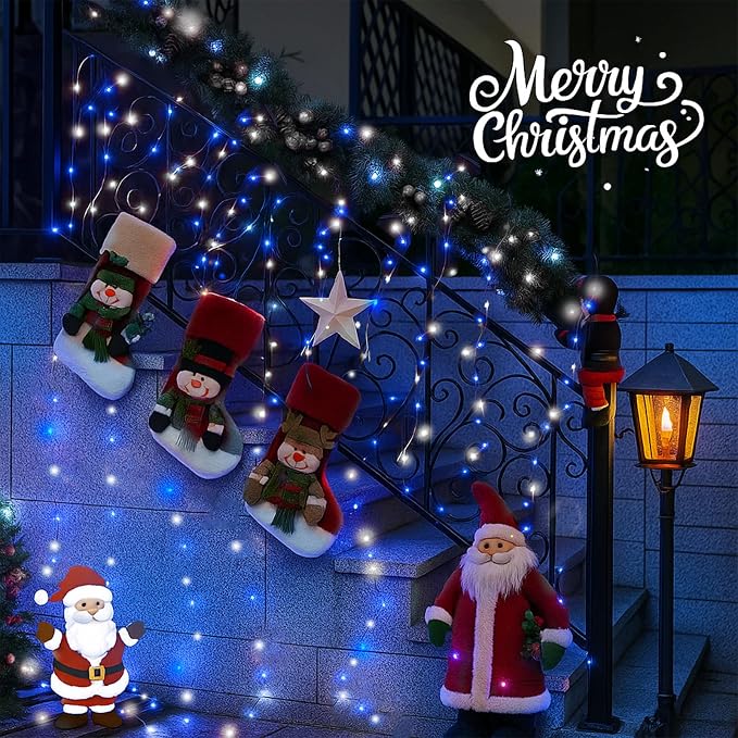 Solar Fairy Lights, 2 Pack Total 400LED 144FT Waterproof String Lights | Blue and White, Silver Wire, 8 Lighting Modes Solar Twinkle Lights for Tree Garden Patio Party Outdoor Christmas Decorations