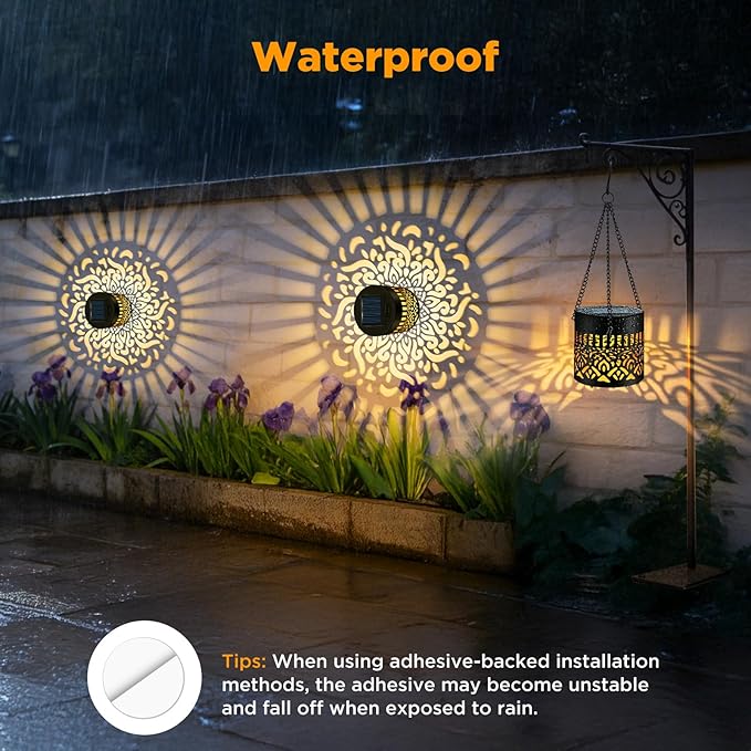 4 Pack Solar Fence Lights Outdoor, Metal Solar Powered Wall Deck Step Light | Mandala Theme, Hanging LED Waterproof Decorative Lighting for Garden Patio Backyard Post Decor, Warm White