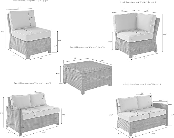Crosley Furniture Bradenton 5-Piece Outdoor Sectional Sofa Wicker Conversation Patio Furniture Set for Deck, Brown with Gray Cushions