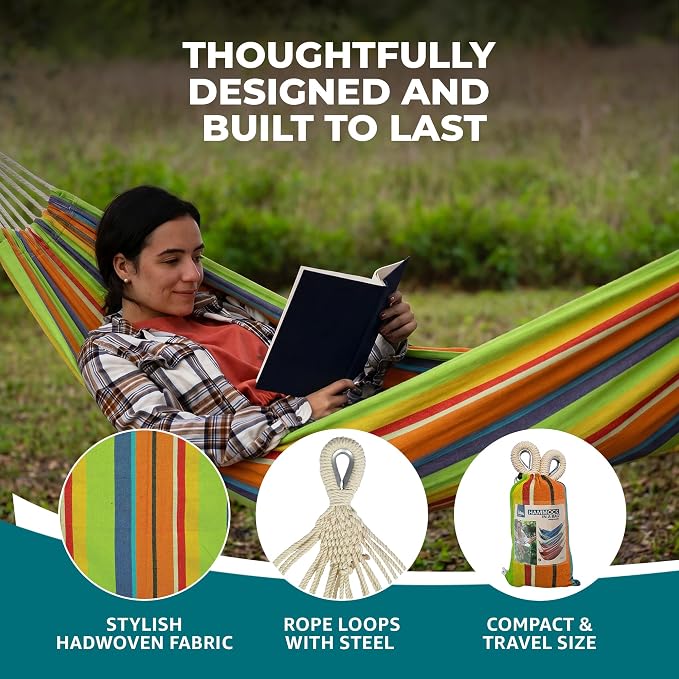 Bliss Hammocks 40" W Single Outdoor Hammock with Universal Multi-Loop Suspension with "S" Hooks, Durable, Cotton/Polyester, 220 Lbs Capacity, Guacamole Stripe