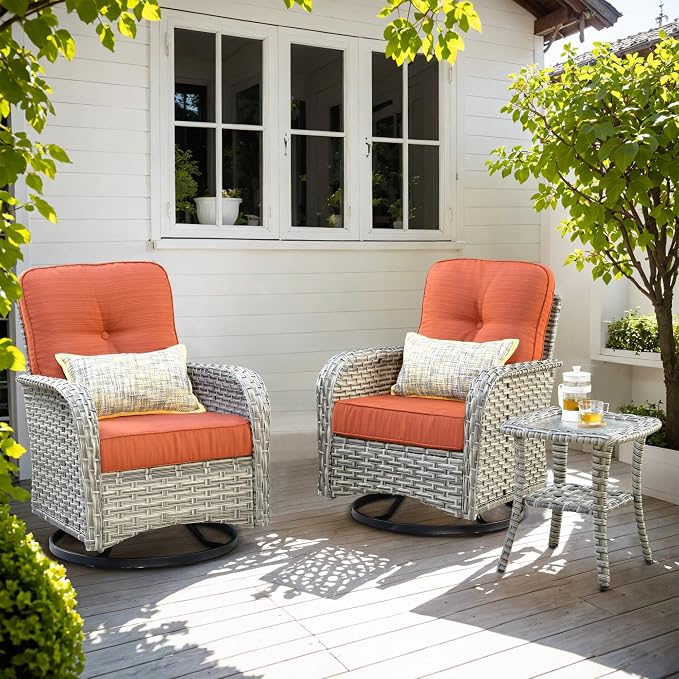 Outdoor Swivel Rocker Patio Chairs with Side Table,Wicker Swivel Rocking Chair Set of 2,3PCS High Back Wicker Patio Furniture Set Glider Chairs for Porch, Balcony, Deck and Yard,Red