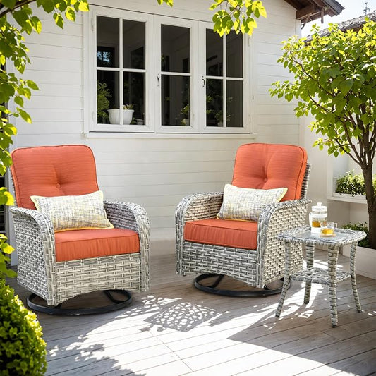 Outdoor Swivel Rocker Patio Chairs with Side Table,Wicker Swivel Rocking Chair Set of 2,3PCS High Back Wicker Patio Furniture Set Glider Chairs for Porch, Balcony, Deck and Yard,Red