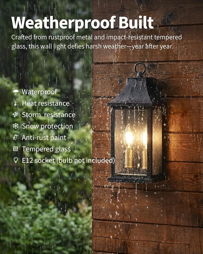 Patio Wall Light Fixtures, Black Waterproof Outdoor Wall Sconce 2pcs | Outdoor Wall Lights with Tempered Glass Shade, Outside Wall Lanterns for Patio, House, Garage, Front Door Entryway, H13.4"