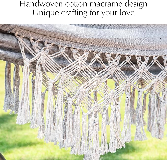 PNAEUT Handmade Tassel Hammocks, Double Hammock with Stand for Outside, Max 450 lbs Capacity, Pillow & Storage Bag Included (Grey)