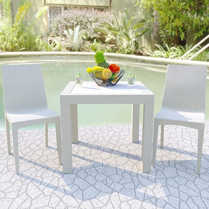 LeisureMod Mace Modern Weave Design Outdoor Patio Square Dining Table (White)