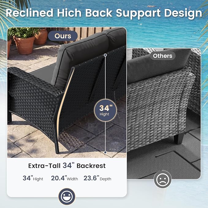 UDPATIO High Back Patio Furniture Set with 2 Swivel Rocker Chairs, Wicker Outdoor Conversation Sets with Thick Cushions & Ottoman, for Garden, Porch