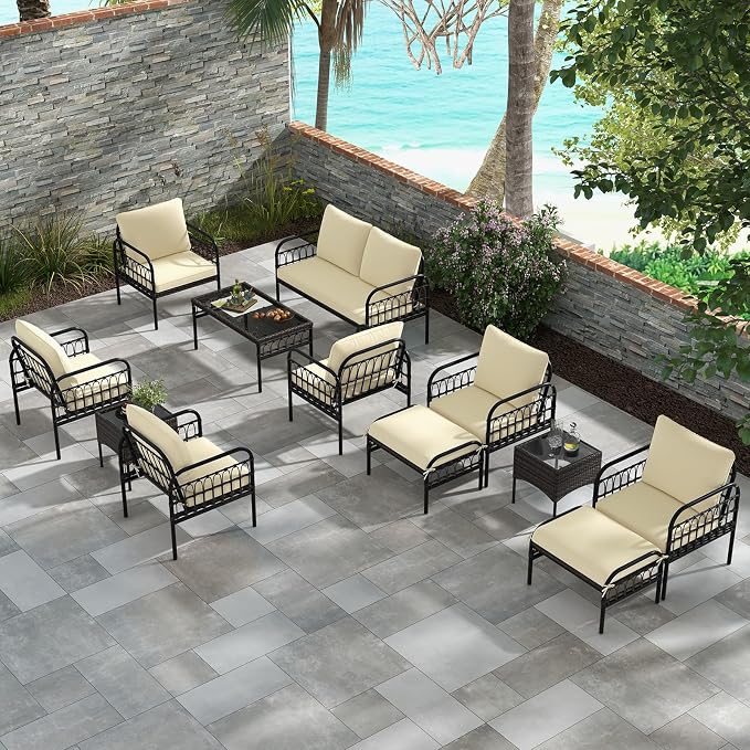 Tangkula 5 Piece Patio Conversation Set, Outdoor Wicker Chair Set w/Ottomans & Coffee Table, Comfy Seat & Back Cushions, Patio Wicker Woven Furniture Set for Backyard, Poolside (Beige)