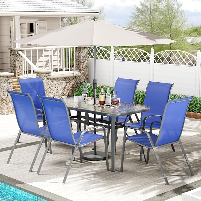 TLSUNNY 7 Pieces Patio Dining Set, Outdoor Table and Chairs W/1.69″ Umbrella Hole, 30"X 55" Table and Stackable Textilene Chair, All Weather Patio Furniture Set (Umbrella not Included) (Navy Blue)