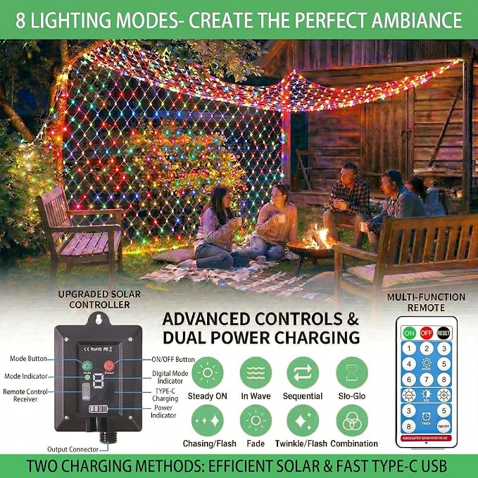 Pooqla Solar Net Lights, 10x10ft 280LED Gazebo Net Lights Outdoor with 8 Modes, Solar & USB Powered Waterproof String Lights Clear Wire, Chandelier for Pergolas, Patio, Bush, Backyard Decor Colorful