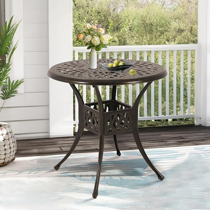 Patio Dining Table,Cast Aluminum Patio Table with Umbrella Hole, Outdoor Bistro Table for Backyard, Garden, Patio (31" Round Table)