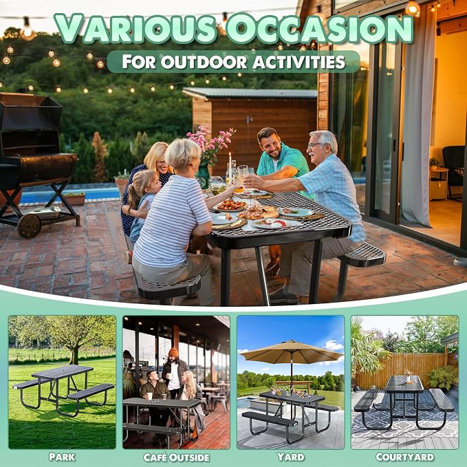 4FT Rectangular Outdoor Picnic Table with Attached Benches, Heavy-Duty Expanded Metal Mesh Patio Table, Commercial-Grade Outdoor Seating for Park, Backyard, Deck, Lawn, Black