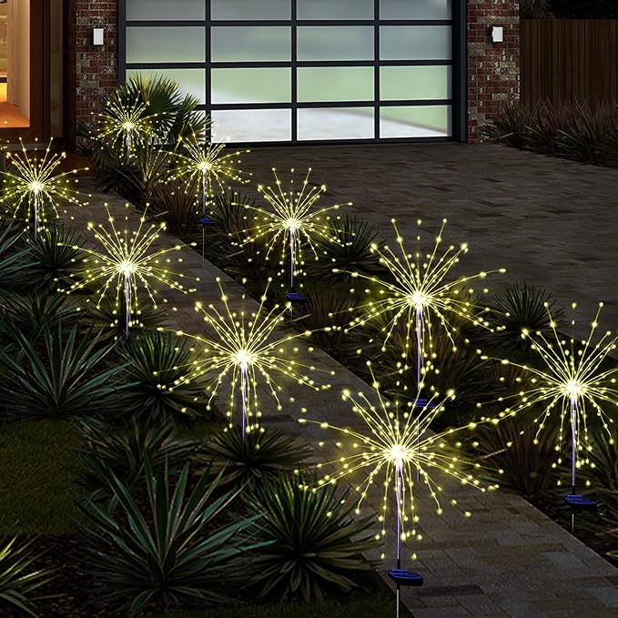Christmas Solar Garden Firework Lights Outdoor Waterproof 6 Pack Solar Powered Art Stake Twinkle Lighting for Outside Decor, 120 LED Warm White