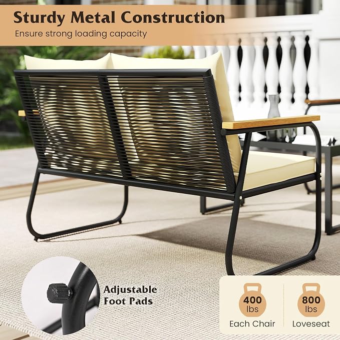 Tangkula 8 Pieces Wicker Patio Furniture Set, Outdoor Conversation Set with Tempered Glass Coffee Table, Rattan Cushioned Chairs with Acacia Wood Armrests for Garden, Yard and Poolside (Off White,4)