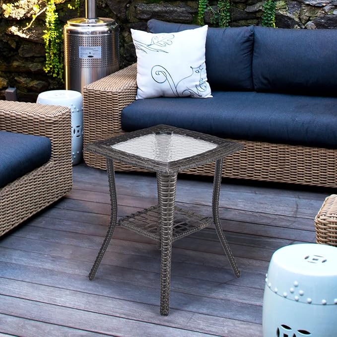 Outdoor Side Table with Storage Wicker Patio Side Table, Tempered Glass Top End Table for Balcony Porch Deck (Grey)