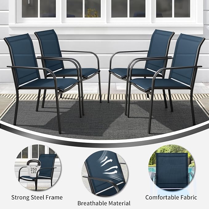 SUNCROWN 7 - Piece Outdoor Dining Set, Patio Furniture Set with 6 x Textilene Dinning Chairs and 53" Metal Round Table with Umbrella Hole for Lawn Garden Backyard Deck, Blue