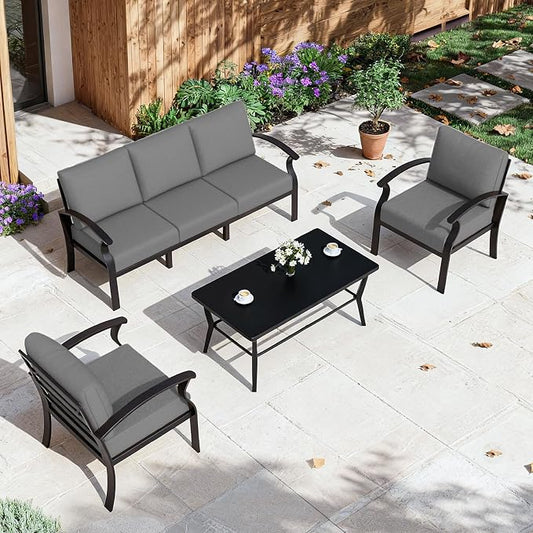 ALAULM Aluminum Patio Furniture Set with Coffee Table Rectangular，5-seat Outdoor Sectional Furniture w/5.1" Cushions，Patio Conversation Set for Porch, Backyard, Poolside-Grey