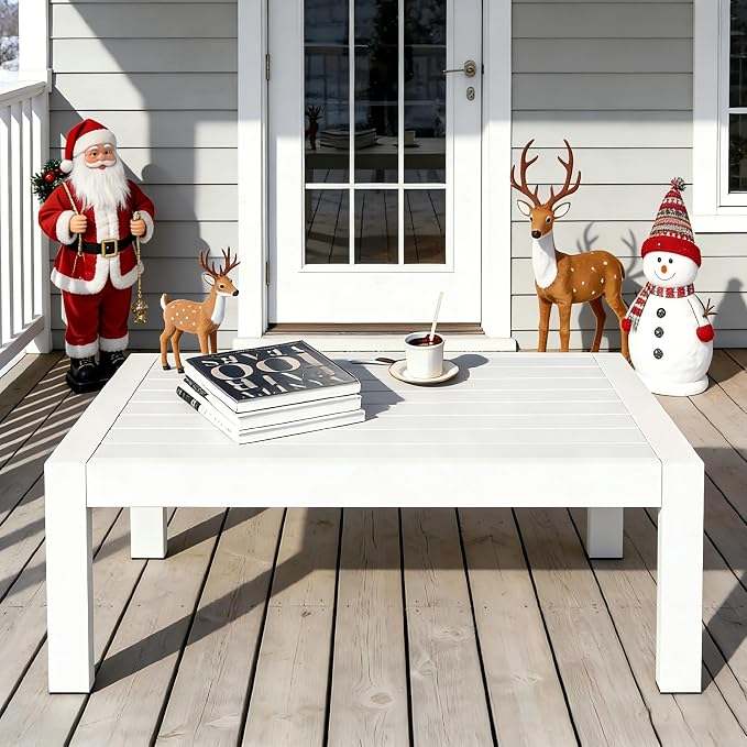 Kiss the Water Aluminum Patio Coffee Table – All-Weather Outdoor Table with Sturdy Metal Frame, Perfect for Backyard, Porch, Garden, Poolside, and Balcony, White